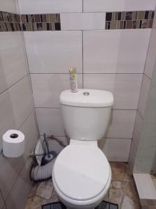 a white toilet in a bathroom with a roll of toilet paper at Atholl Heights Homee in Westville