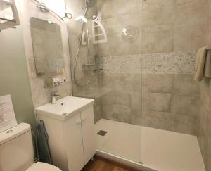 uma casa de banho com um chuveiro, um WC e um lavatório. em Le gîte entre val et rose em Provins