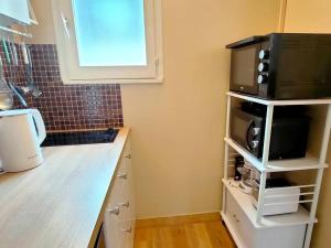 eine Küche mit einer Mikrowelle und einer Arbeitsplatte in der Unterkunft Le gîte entre val et rose in Provins