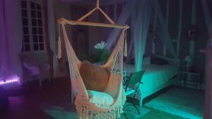 a hanging hammock with a flower in a bedroom at Chambre bohème avec balnéo in Idrac-Respailles