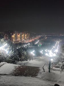 una ciudad cubierta de nieve por la noche con luces de la calle en ЖК Наурыз парк, en Shymkent