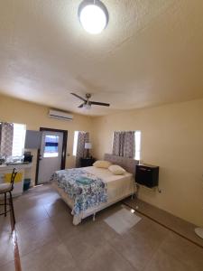 a bedroom with a bed and a ceiling fan at Home Away! in Frenchtown