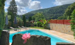 a swimming pool with a view of a mountain at Hotel Restaurant Txistulari in Itxassou