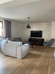 a living room with a couch and a flat screen tv at Apartament DeLux in Pasłęk