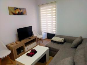 uma sala de estar com um sofá e uma televisão de ecrã plano em La Tahona de Almarza em Almarza