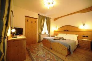 a bedroom with a bed and a desk and a television at Locanda Alpina in Brez +21 photos