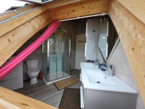 a bathroom with a sink and a shower and a toilet at Les Dômes du Ponant in Plouguerneau