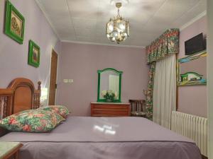 a bedroom with a bed and a mirror and a chandelier at Casa Da Vieira in Ourense