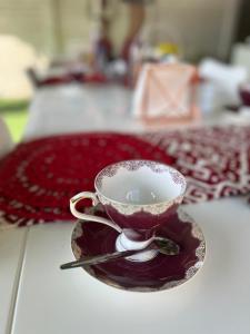 una taza y un platillo sobre una mesa en Swane’s guesthouse, en Rustenburg
