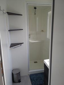 a bathroom with a shower with a glass door at Joli mobil-home pour 8 personnes tout confort 3 chambres vue étang avec piscine in Onzain