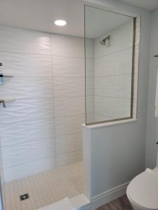 a bathroom with a glass shower with a toilet at Silver Surf Gulf Beach Resort in Bradenton Beach