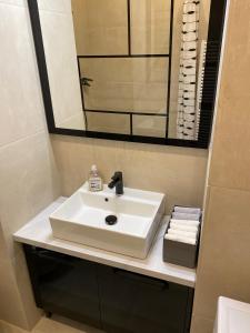 a bathroom with a white sink and a mirror at 2 Zimmer Wohnung AKH und Volksoper Nähe in Vienna