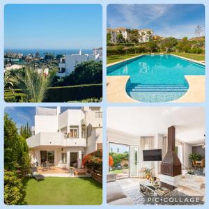 kolaż zdjęć z domem i basenem w obiekcie Cozy Townhouse Selwo w mieście Estepona