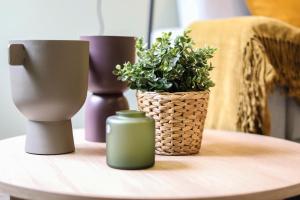 une table avec deux vases et une plante sur elle dans l'établissement Loios Studios and Apartments, à Lisbonne