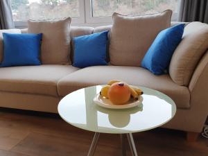 a bowl of fruit on a glass table in front of a couch at TopFloor Ohrid in Ohrid