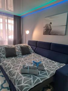 a bedroom with a bed with a blue couch at Apartament Augustów SWAN in Augustów +32 photos