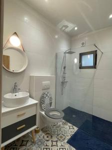 a bathroom with a toilet and a sink and a shower at Logement entier avec jacuzzi en provence in Le Thor
