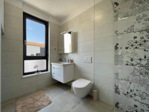 梅杜林Apartman Moonlight Medulin的带马桶和淋浴的白色浴室 更多25张照片