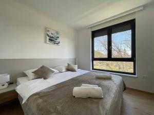 梅杜林Apartman Moonlight Medulin的一间卧室，有一张大床，床上有两条毛巾