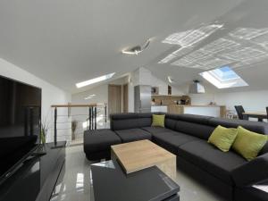 梅杜林Apartman Moonlight Medulin的客厅里有一张沙发和一张桌子。