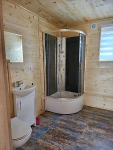 La salle de bains est pourvue d'une douche, de toilettes et d'un lavabo. dans l'établissement Siodemkacamp Karwia, à Karwia