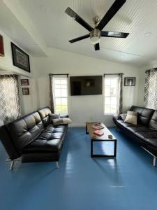 a living room with black leather furniture and a ceiling fan at The Paddock House at Blanco Texas in Blanco