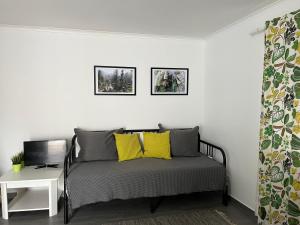 1 dormitorio con cama con almohadas amarillas y escritorio en Cozy Green Apartment, en Sintra