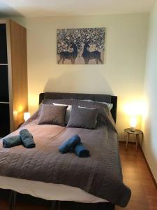 a bedroom with a large bed with two blue pillows at Aréna Apartman in Budapest