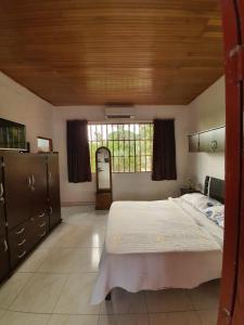 ein Schlafzimmer mit einem großen Bett und einem großen Fenster in der Unterkunft FINCA-CASA DE DESCANSO GUAMO TOLIMA in Guamo