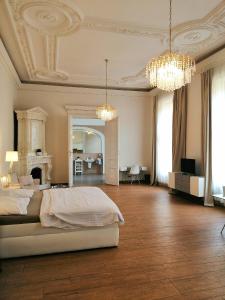 um quarto grande com uma cama e um espelho grande em Luxury Design City centre Apartment em Brno