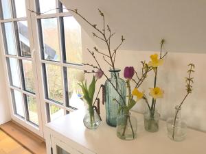 four vases sitting on a counter with flowers in them at Ferienwohnung "Wasserburg" in Ascheffel