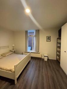 een slaapkamer met een groot bed en een raam bij Appartement City Enschede (free private parking) in Enschede