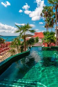 una piscina con palmeras y el océano en The Pink Palm Hotel - Adults Only, en Carlota Amalia