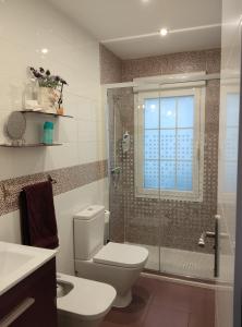 a bathroom with a toilet and a glass shower at Apartamento Centro Gallarza in Logroño +41 photos