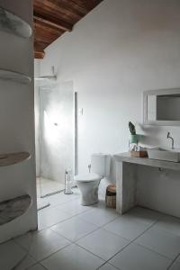 uma casa de banho com um WC, um chuveiro e um lavatório. em Abacate Casa do Mar em Pipa