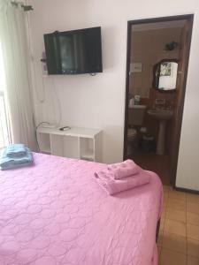 a bedroom with a pink bed with a tv on the wall at TODO AL ALCANCE DE LA MANO in Mendoza