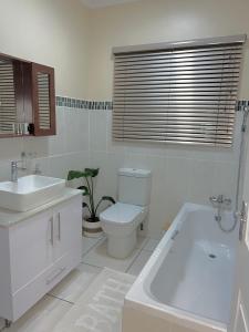 a bathroom with a toilet and a sink and a tub at Isibani luxury apartment in Richards Bay