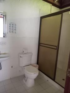 a bathroom with a toilet and a shower and a sink at Hotel campestre manantial del Quindio in Montenegro +8 photos
