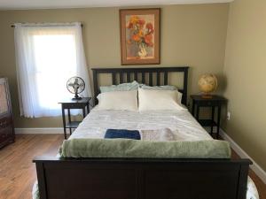 a bedroom with a bed with two night stands and a window at Vineyard Farmhouse with Hot Tub & Lake Views in Hammondsport