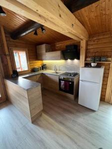 uma cozinha com um frigorífico branco e um fogão em Chalet l’Escapade pleine nature Bain Nordique 6 personnes em Rupt-sur-Moselle