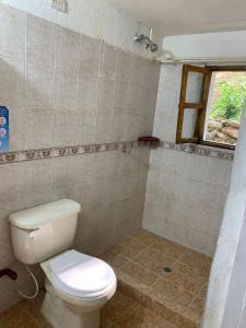 a bathroom with a white toilet and a shower at Casa Hotel Arcadia Minca in Minca