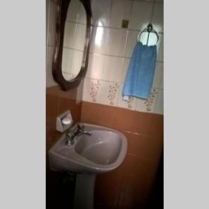 La salle de bains est pourvue d'un lavabo, d'un miroir et d'une serviette bleue. dans l'établissement TODO AL ALCANCE DE LA MANO, à Mendoza