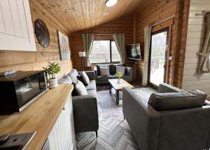 ein Wohnzimmer mit Sofas und einem TV in einem Haus in der Unterkunft Sherwood Castle Holiday Forest in Edwinstowe
