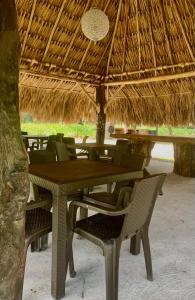 馬里基塔的住宿－Los Potrillos，草伞下的一张木桌和椅子