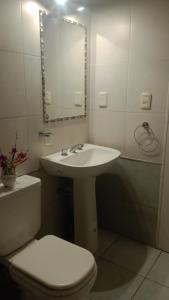 a bathroom with a sink and a toilet and a mirror at Departamento el estadio in Santiago del Estero