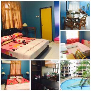 瓜埠的住宿－Seri Lagenda Apartment，一张床位和一张桌子的房间的照片拼在一起
