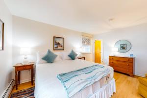 a bedroom with a large white bed with blue pillows at Tideview in Owls Head
