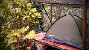 ein Zelt auf einem Holztisch in der Unterkunft Bosque Colibrí in Cali
