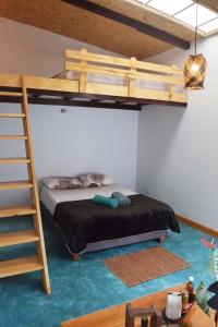 ein Schlafzimmer mit einem Etagenbett und einer Leiter in der Unterkunft Bosque Colibrí in Cali