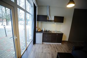 eine Küche mit einer Spüle und einem Kühlschrank neben einem Fenster in der Unterkunft Glūdas Grava in Cēsis